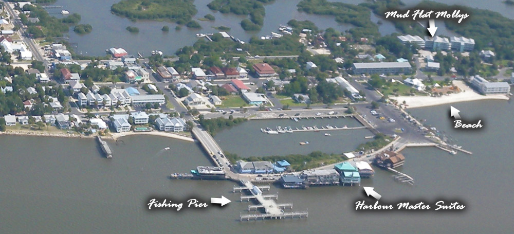 Aerial view of Cedar Key and the proximity of the condo with the Harbour Master Suites